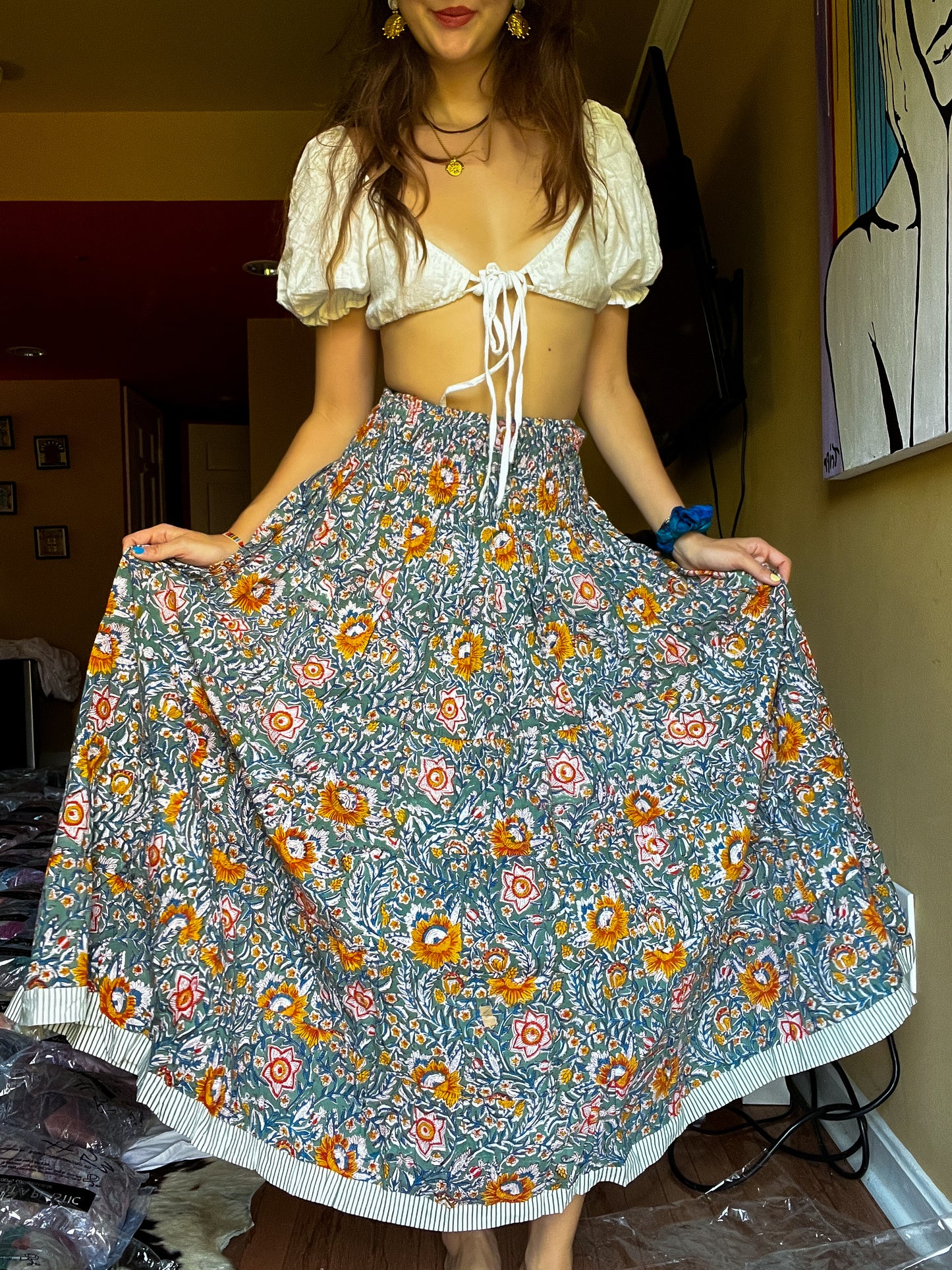 Block printed skirt-Green