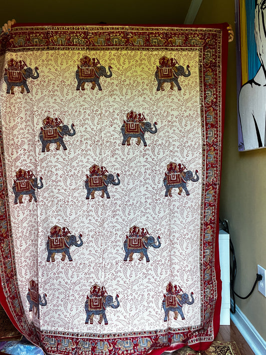 Artisan Indian Table Cloth- Red Big Elephant