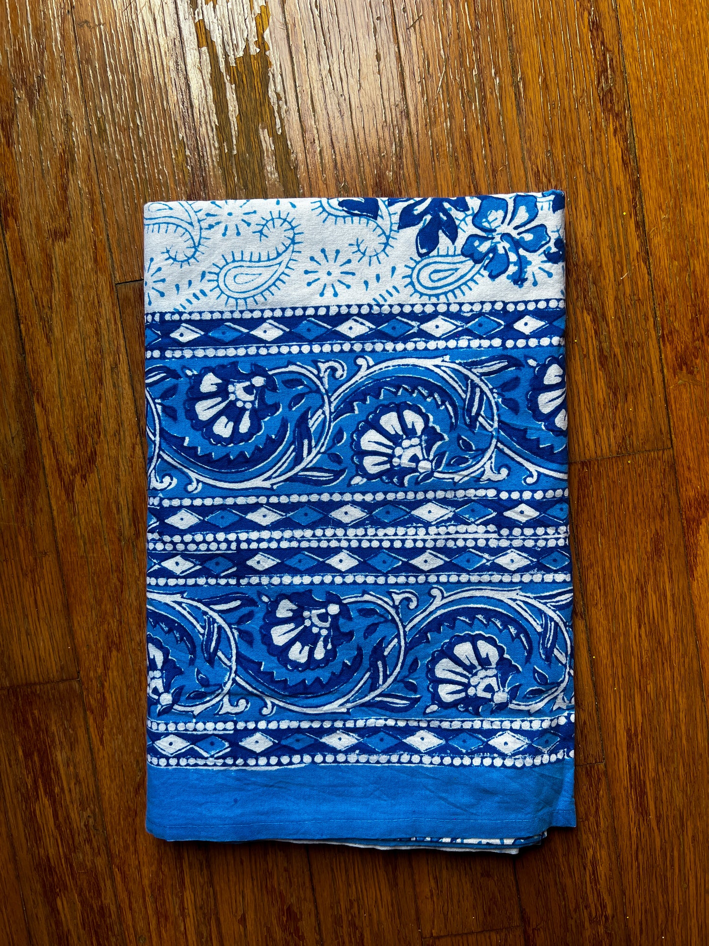 Artisan Indian Table Cloth- Blue, white flowers