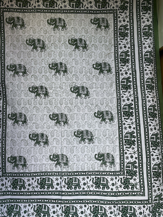 Ancient Indian Artisan Table Cloth- Green Elephants