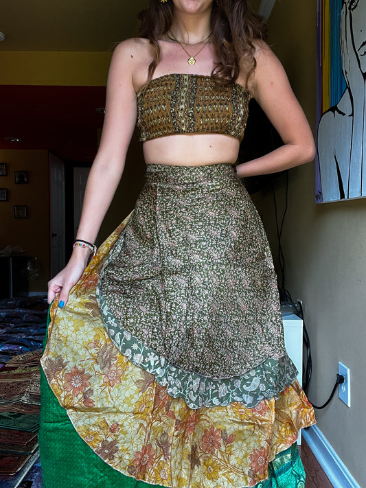sari wrap skirt #188 - Brown, green