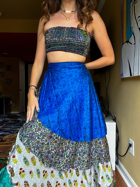 sari wrap skirt #192- Green, Blue