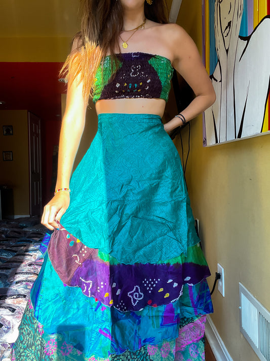 sari wrap skirt #197- Green/purple