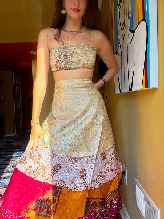 sari wrap skirt #198 Beige, red, orange