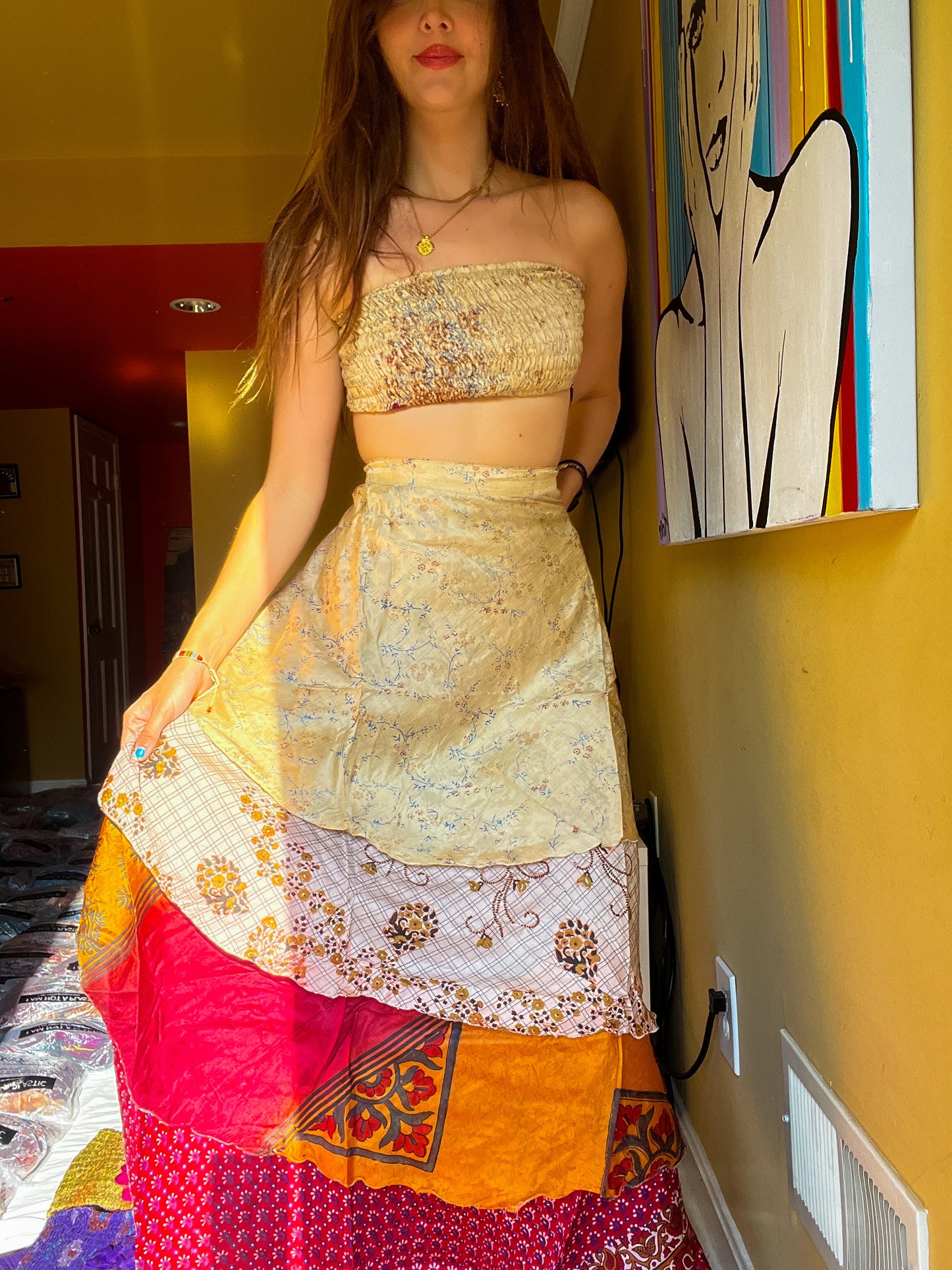 sari wrap skirt #198 Beige, red, orange