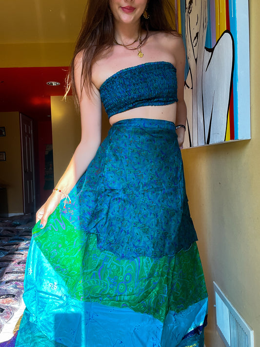sari wrap skirt #199- Blue